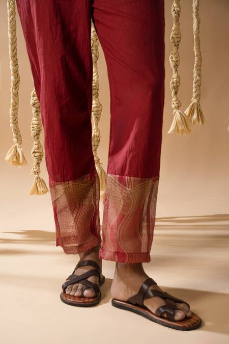 Banana Labs_Maroon Cotton Embroidery Handblock Print Shirt With Pant _at_Aza_Fashions
