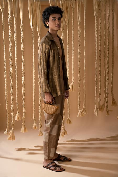 Shop_Banana Labs_Brown Cotton Embroidery Textured Shirt With Handblock Print Pant _at_Aza_Fashions