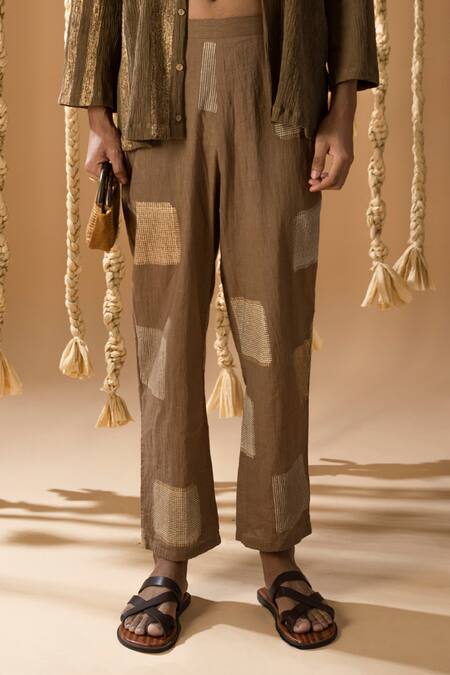 Banana Labs_Brown Cotton Embroidery Textured Shirt With Handblock Print Pant _Online_at_Aza_Fashions