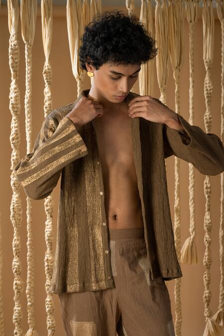 Buy_Banana Labs_Brown Cotton Embroidery Textured Shirt With Handblock Print Pant _Online_at_Aza_Fashions