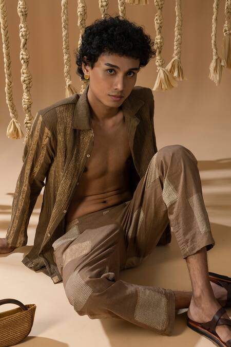 Shop_Banana Labs_Brown Cotton Embroidery Textured Shirt With Handblock Print Pant _Online_at_Aza_Fashions