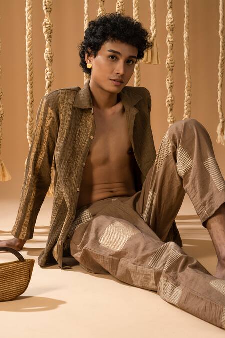 Banana Labs_Brown Cotton Embroidery Textured Shirt With Handblock Print Pant _at_Aza_Fashions