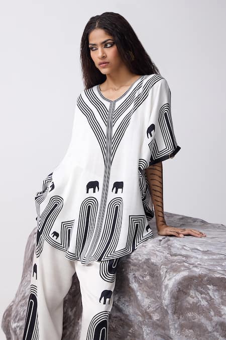 Kamaali Pret_White Satin V-neck Mali Elephant Print Oversized Top With Pant _at_Aza_Fashions