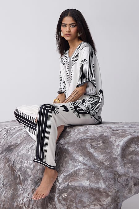 Kamaali Pret_White Cupro Printed Elephant V-neck Hathi Oversized Top _at_Aza_Fashions