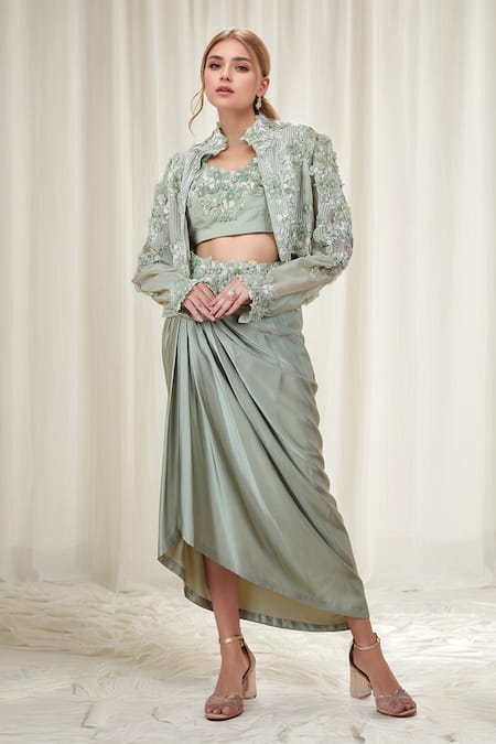 Anamika Khanna 3D Floral Embellished Jacket & Draped Skirt Set 