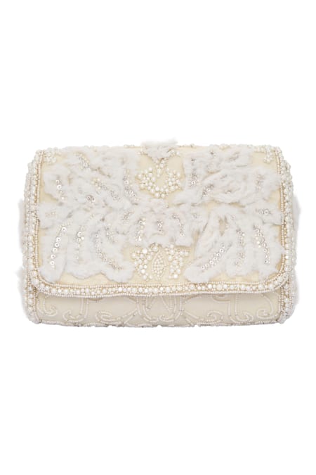 Lovetobag Ivory Faux Fur Baroque Embroidered Flap-over Clutch 