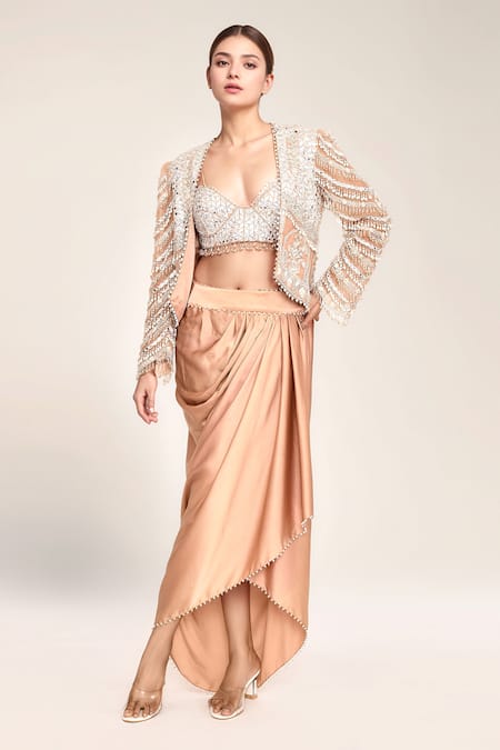 EEKSHA Peach Embroidered Floral Blouse Sweetheart Jacket And Draped Skirt Set 