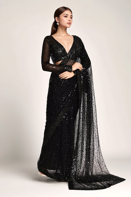Buy Seema Gujral Black Net Sequins Plunge Neck Embroidered Saree With Blouse Buy_Seema Gujral_Black Net Sequins Plunge Neck Embroidered Saree With Blouse