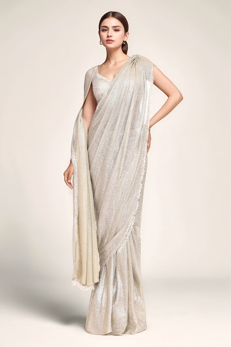 Seema Gujral Silver Embroidered Stone Leaf Shimmer Pre-draped Saree With Blouse 