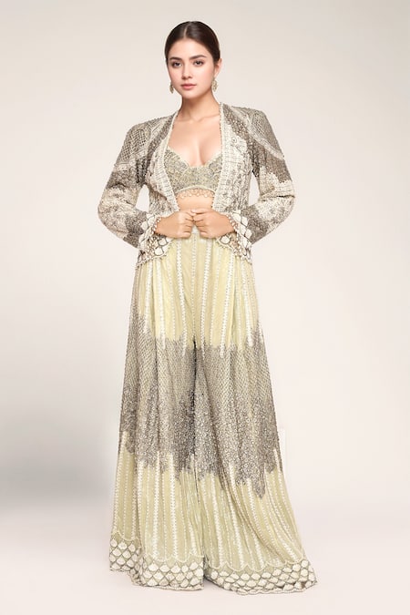 EEKSHA Green Embroidered Sequins Blouse Sweetheart Sharara Jacket Set 