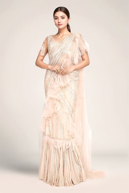 EEKSHA Peach Embroidered V Neck Ruffle Pre-draped Saree With Blouse 