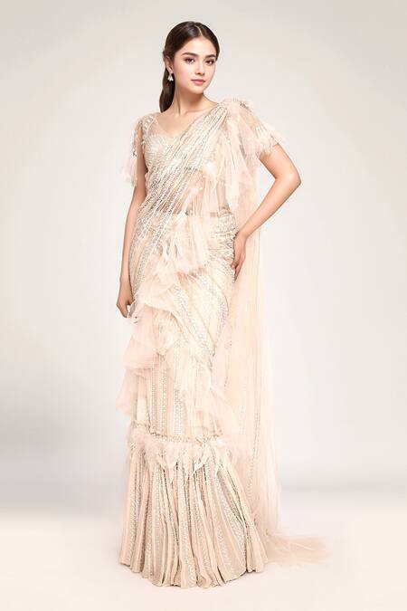 Eeksha_Peach Georgette, Silk Tassels, Embroidery Ruffle Pre-draped Saree With Blouse _at_Aza_Fashions