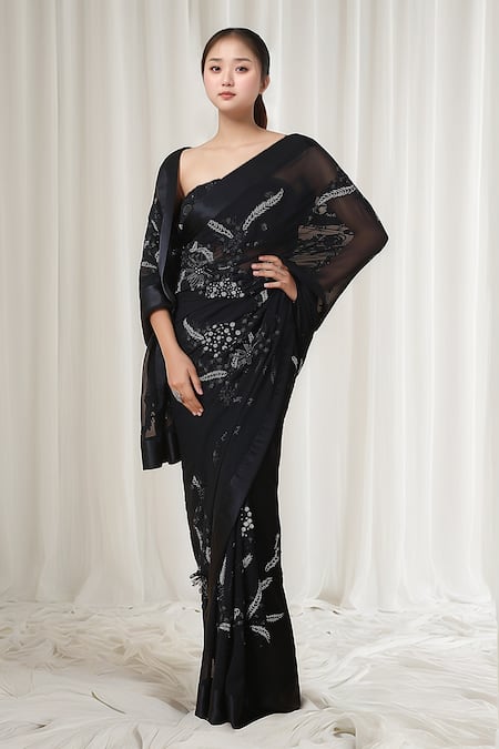 Anamika Khanna Black Embroidered Floral Saree With Unstitched Blouse Piece 