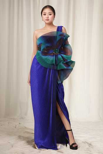 strapless open back dress Olympia Asymmetrical Pleated Maxi Dress
