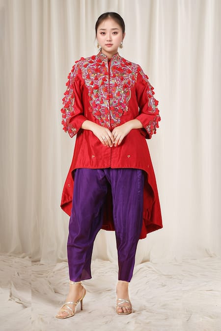 Debyani + Co Red Embroidery Floral Stand Collar Asymmetric Tunic With Dhoti Pant 