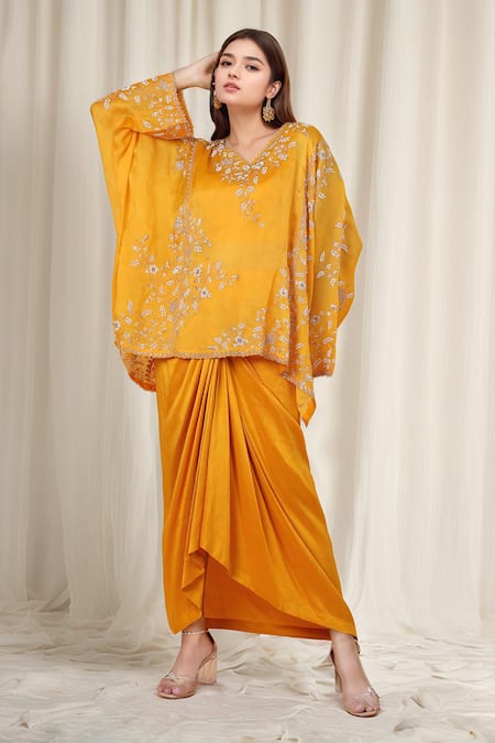 Anamika Khanna Yellow Embroidered Floral Kaftan V Neck Top And Draped Skirt Set 