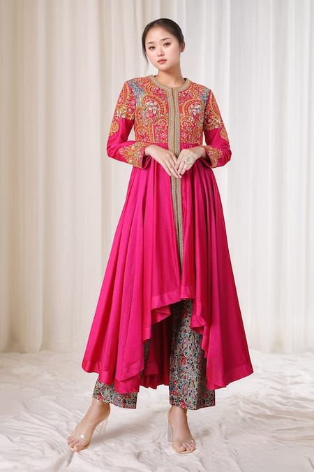 Debyani + Co Magenta Embroidery Mirror Round Neck Floral Anarkali With Pant 