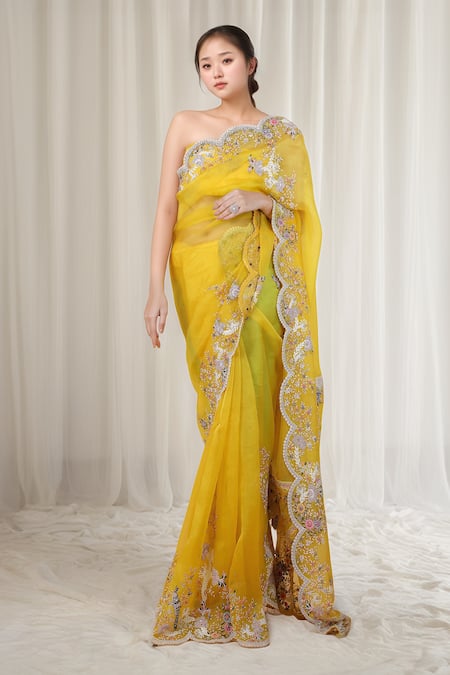 Anamika Khanna Flower Vine Embroidered Saree With Unstitched Blouse Piece 