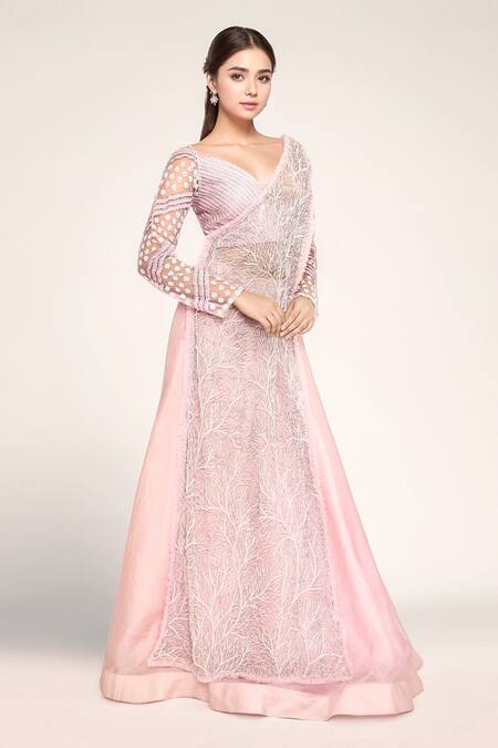 Shop_COUTURE BY NIHARIKA_Pink Silk Embroidery V-neck Blouse Lehenga Set 