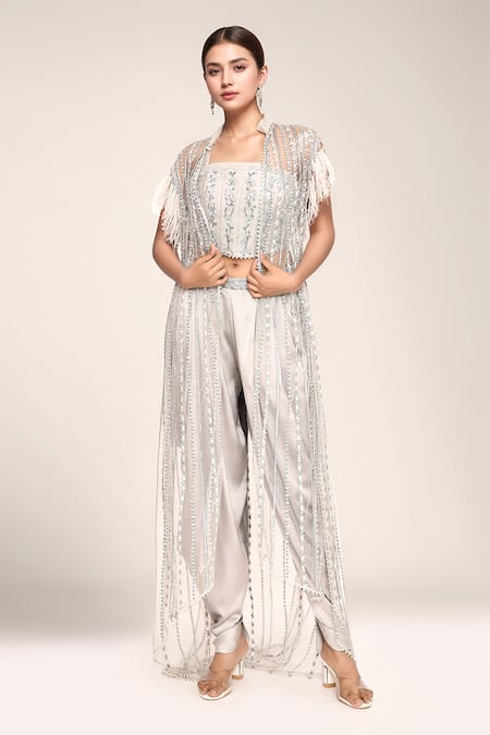 EEKSHA Silver Embroidered Floral Cape Ruffled Collar And Dhoti Pant Set 