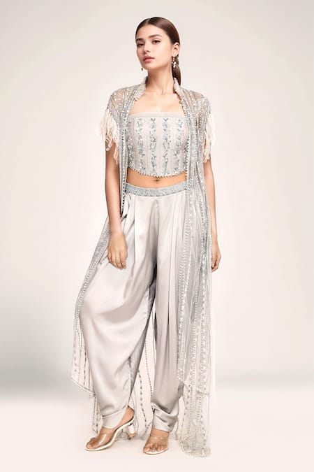 Shop_Eeksha_Silver Satin Embroidery, Feathers Cape And Dhoti Pant Set 
