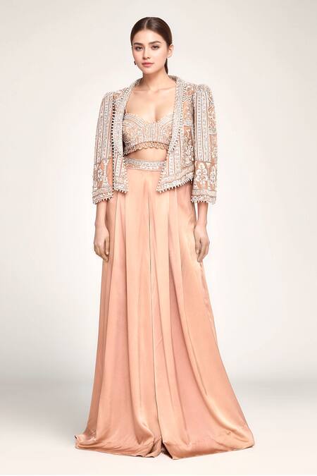 Shop_Eeksha_Peach , Satin Embroidery, Beads Sweetheart Neck, Jacket Sharara Set 