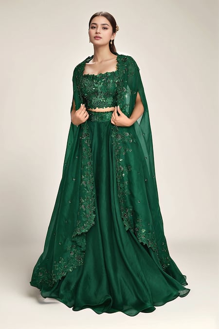 Shop_Anushree Reddy_Emerald Green Organza Embroidery Square Neck Floral Cape Lehenga Set 
