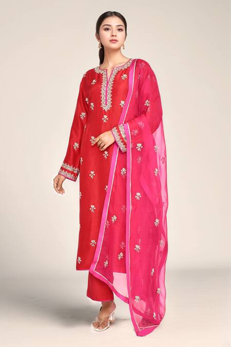 Buy_Anushree Reddy_Red Silk, Chiffon Embroidery Split V-neck Zardozi Flower Kurta Set 