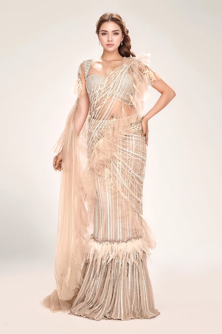 Eeksha_Beige Georgette Tassels, Embroidery V-neck Pre-draped Ruffle Saree With Blouse _at_Aza_Fashions