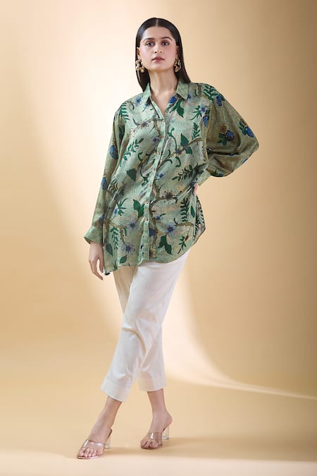 SHRADDHA RAMBHIA Green Malai Silk Print Kalamkari Floral Shirt Collar Vine 