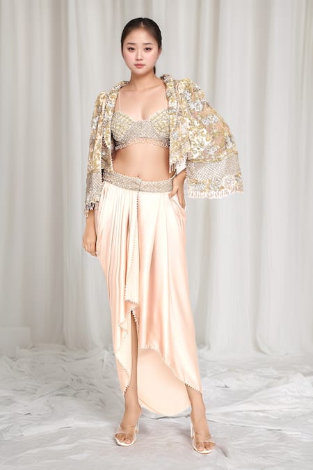 EEKSHA Pink Embroidered Floral Jacket Lapel With Draped Skirt 