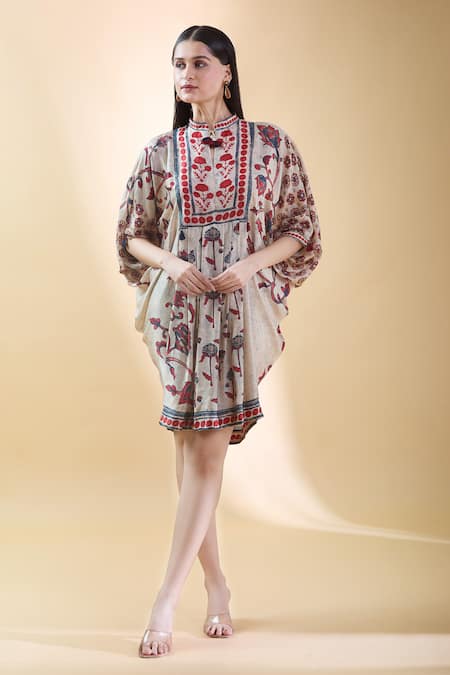 SHRADDHA RAMBHIA Ivory Malai Silk Print Flower Mandarin Collar Floral Draped Dress 