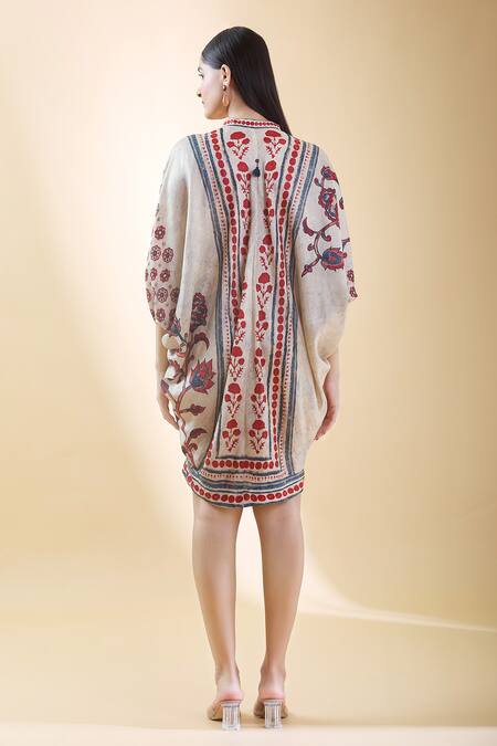 Shop Shraddha Rambhia Ivory Silk Embroidery Mandarin Collar Floral Printed Draped Dress at Aza Fashions Shop_Shraddha Rambhia_Ivory Silk Embroidery Mandarin Collar Floral Printed Draped Dress_at_Aza_Fashions