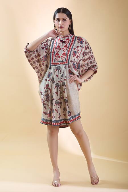 Buy Shraddha Rambhia Ivory Silk Embroidery Mandarin Collar Floral Printed Draped Dress Online at Aza Fashions Buy_Shraddha Rambhia_Ivory Silk Embroidery Mandarin Collar Floral Printed Draped Dress_Online_at_Aza_Fashions