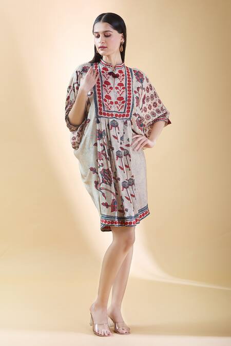 Shop Shraddha Rambhia Ivory Silk Embroidery Mandarin Collar Floral Printed Draped Dress Online at Aza Fashions Shop_Shraddha Rambhia_Ivory Silk Embroidery Mandarin Collar Floral Printed Draped Dress_Online_at_Aza_Fashions