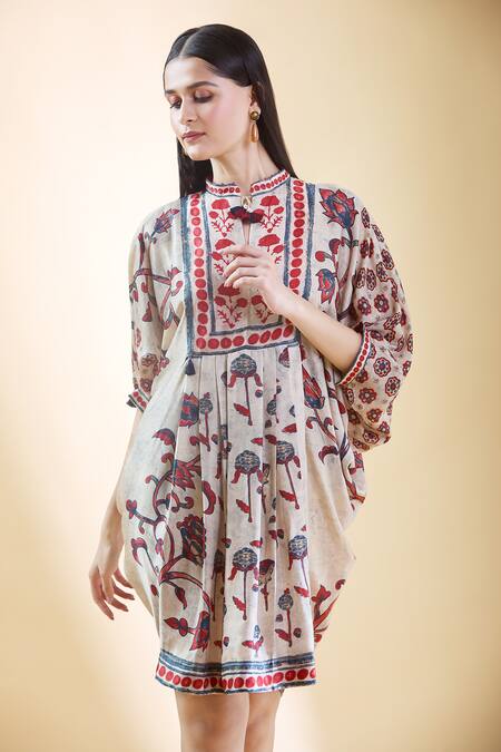 Shraddha Rambhia Ivory Silk Embroidery Mandarin Collar Floral Printed Draped Dress at Aza Fashions Shraddha Rambhia_Ivory Silk Embroidery Mandarin Collar Floral Printed Draped Dress_at_Aza_Fashions