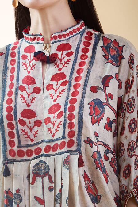 Buy Shraddha Rambhia Ivory Silk Embroidery Mandarin Collar Floral Printed Draped Dress Buy_Shraddha Rambhia_Ivory Silk Embroidery Mandarin Collar Floral Printed Draped Dress