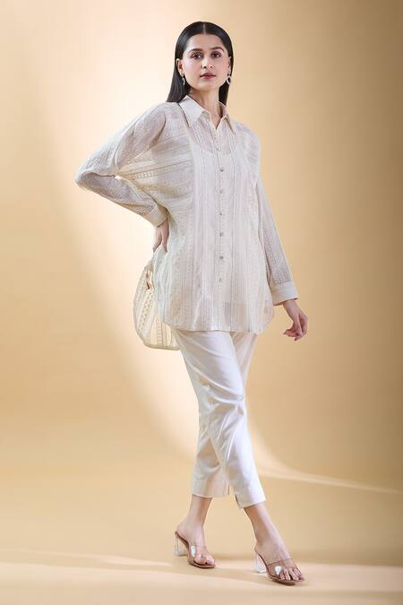 Buy_Shraddha Rambhia_Ivory Chanderi Embroidered Thread Shirt Collar Vine High-low_Online_at_Aza_Fashions