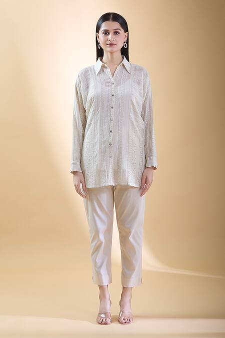 Shop_Shraddha Rambhia_Ivory Chanderi Embroidered Thread Shirt Collar Vine High-low_Online_at_Aza_Fashions