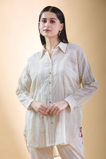 Shraddha Rambhia_Ivory Chanderi Embroidered Thread Shirt Collar Vine High-low_at_Aza_Fashions