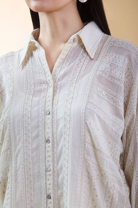 Buy_Shraddha Rambhia_Ivory Chanderi Embroidered Thread Shirt Collar Vine High-low