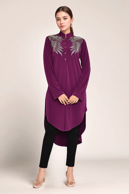 NAMRATA JOSHIPURA Purple Embroidered Cutdana Round Tropical Leaves Tunic 