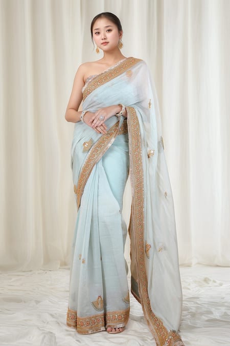 Anamika Khanna Blue Floral Embroidered Saree With Unstitched Blouse Piece 