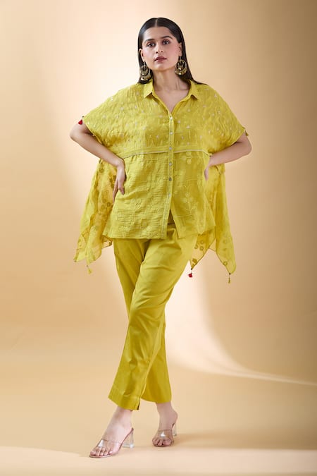 SHRADDHA RAMBHIA Yellow Chanderi Embroidered Thread Shirt Collar Asymmetric 