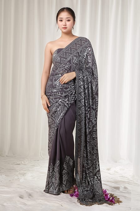 Nakul Sen Grey Embroidered Sequins Saree With Unstitched Blouse Piece 