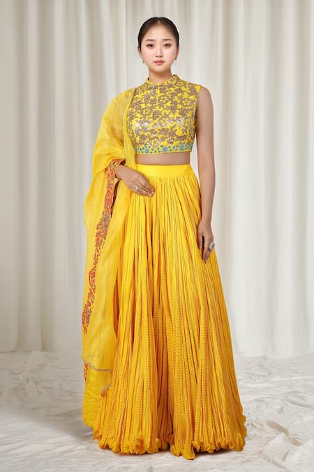 Debyani + Co Yellow Embroidered Floral High Neck Sequin Blouse Lehenga Set 