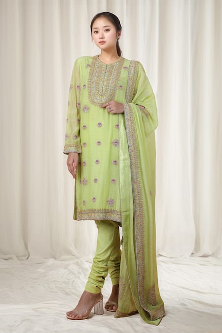 Anamika Khanna Green Embroidered Dori Round Kurta Churidar Set 