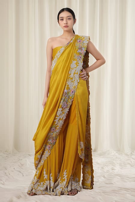 Anamika Khanna Yellow Embroidered Floral Straight Neck Border Pre-draped Sharara Saree Set 