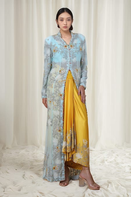 Anamika Khanna Blue Chanderi Embroidered Floral Cape Band Collar Long Skirt Set 