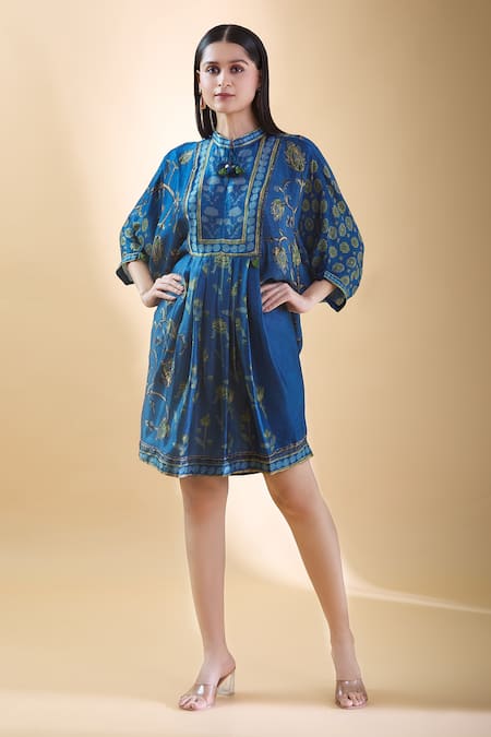 SHRADDHA RAMBHIA Blue Malai Silk Print Flower Mandarin Collar Draped Dress 